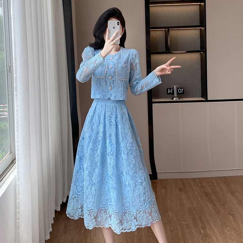 春秋季时尚复古小香风气质收腰显瘦长袖蓝色上衣半身裙两件套装裙