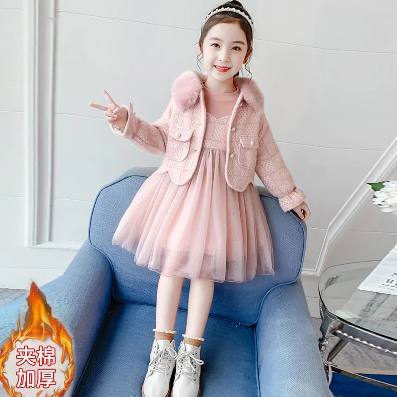 女童冬装连衣裙2023新款韩版夹棉毛呢套装儿童公主裙加绒洋气加厚