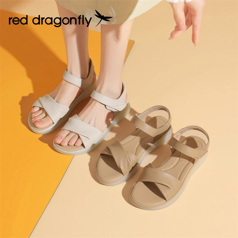 红蜻蜓时尚百搭夏季甜美仙女风外穿软底透气魔术贴圆头时装凉鞋