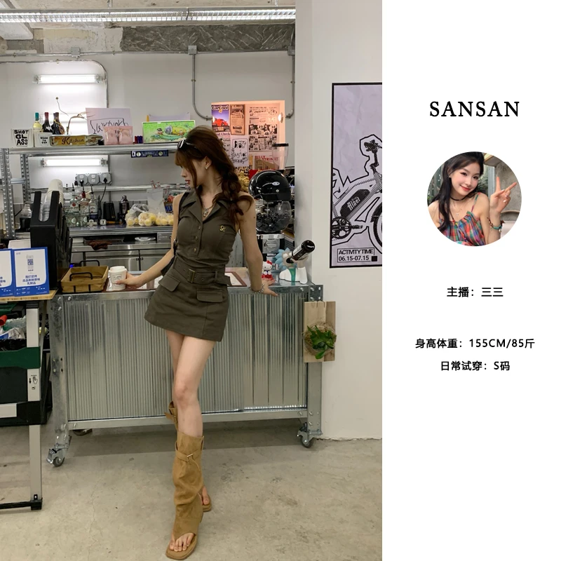 【三三】(街头漫步)POLO领无袖连衣裙女夏季小众设计感掐腰裙子