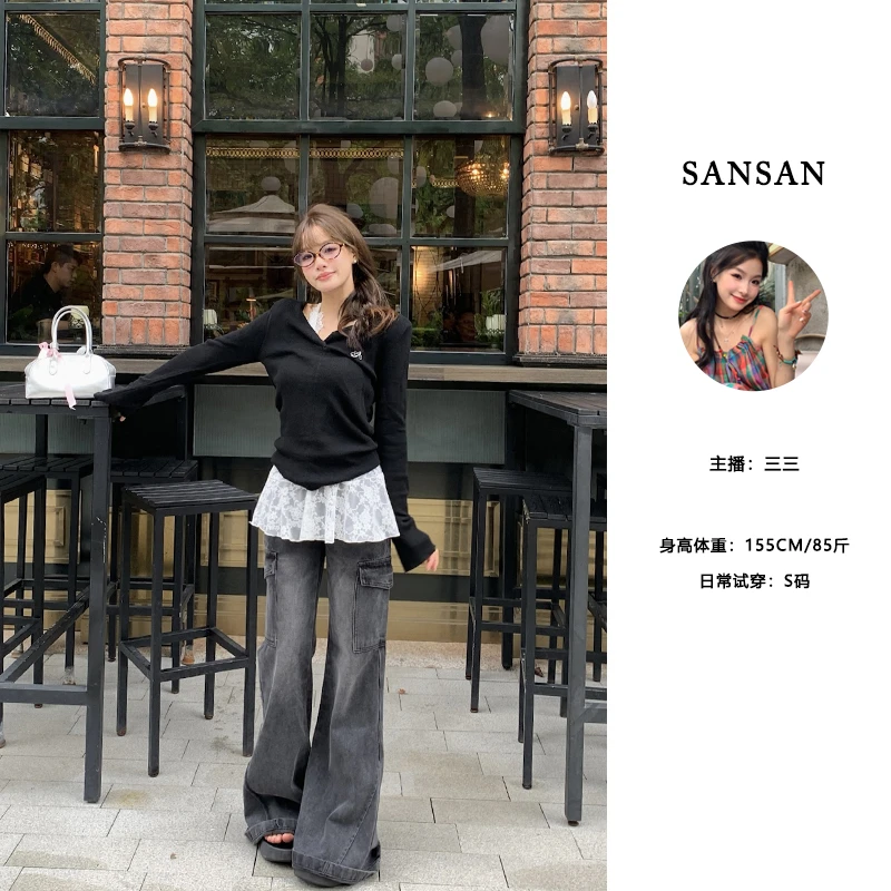 【三三】（重工拽调）黑色直筒微喇叭牛仔裤年新款早秋深色低腰显瘦裤