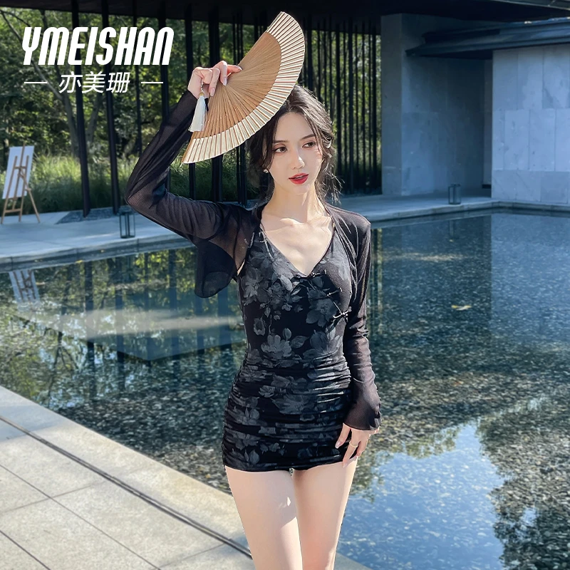 亦美珊【翰墨琉璃】小胸性感连体遮肚时尚镂空修身显瘦长袖泳装裙式