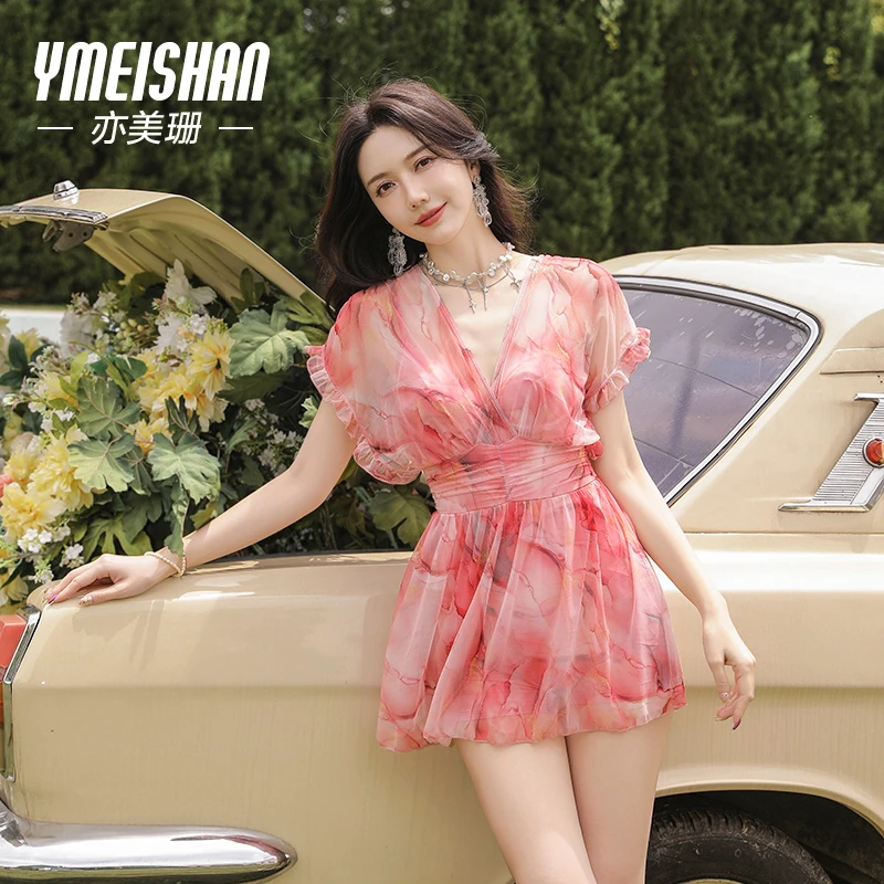 亦美珊【YMS249619】时尚女气质性感遮肉显瘦修身连体裙式时尚泳衣