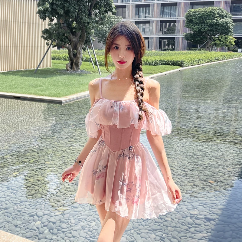 亦美珊【莲香白桃】女士游泳衣显瘦连体款度假性感微胖女生夏日泳衣