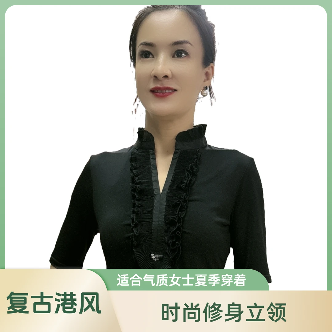 立领花边上衣衬衫时尚修身立领气质女士夏季打底中袖复古中式