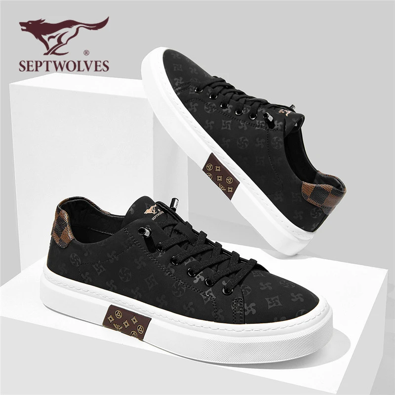 七匹狼男鞋国潮轻奢老花秋冬新款官方正品百搭休闲增高一脚蹬板鞋