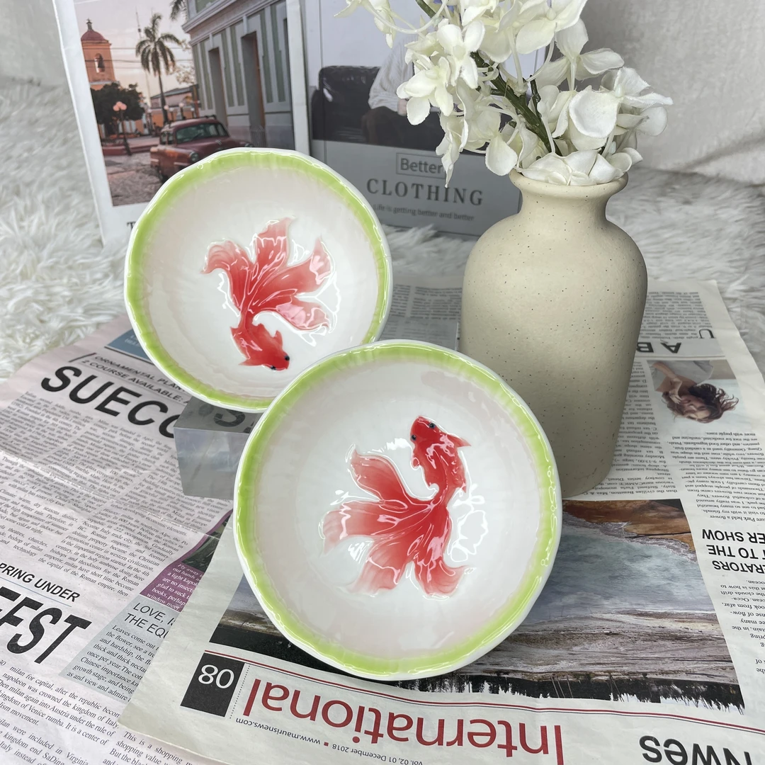 陶瓷中式创意浮雕荷叶金鱼4.5英寸两个装碗