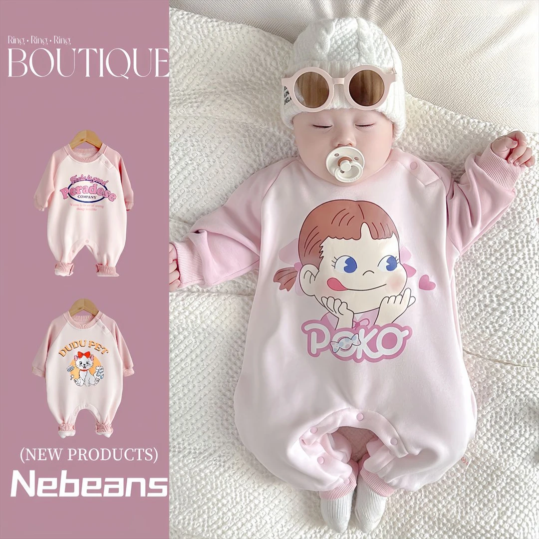 （现货）秋冬加绒女宝冬天连身衣可爱粉色小猫不二家保暖哈衣爬服