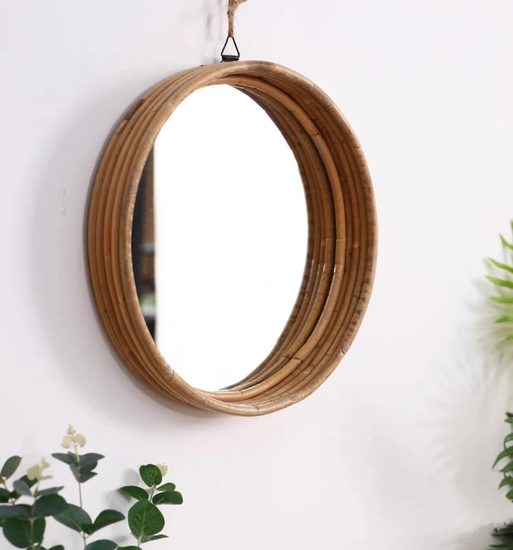 ins藤编镜子创意艺术装饰圆镜墙壁民宿卧室墙面客厅玄关挂镜网红