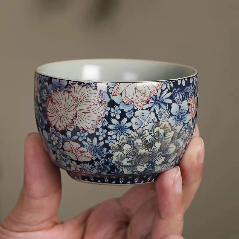 圣藏京隆堂黑万花珐琅彩主人杯大容量功夫茶杯