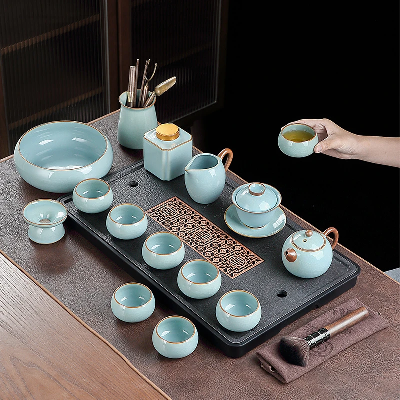 小型汝窑功夫茶具茶台一套家用新中式高档西施泡茶壶茶杯套装