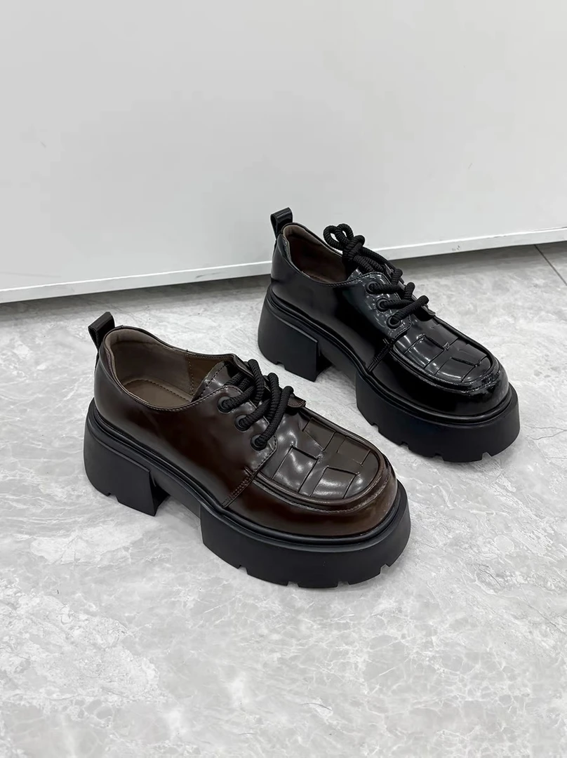 【新疆包邮】1015系带乐福鞋2024款编织时尚圆头小皮鞋百搭增高单鞋