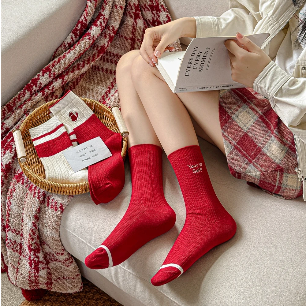 秋冬季女士袜子红色保暖小狐狸刺绣女袜新年红袜子中筒袜红