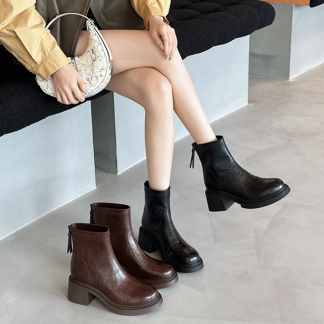 昔子3033马丁靴瘦瘦靴短靴秋冬新款女鞋时装靴中跟百搭粗跟时尚款