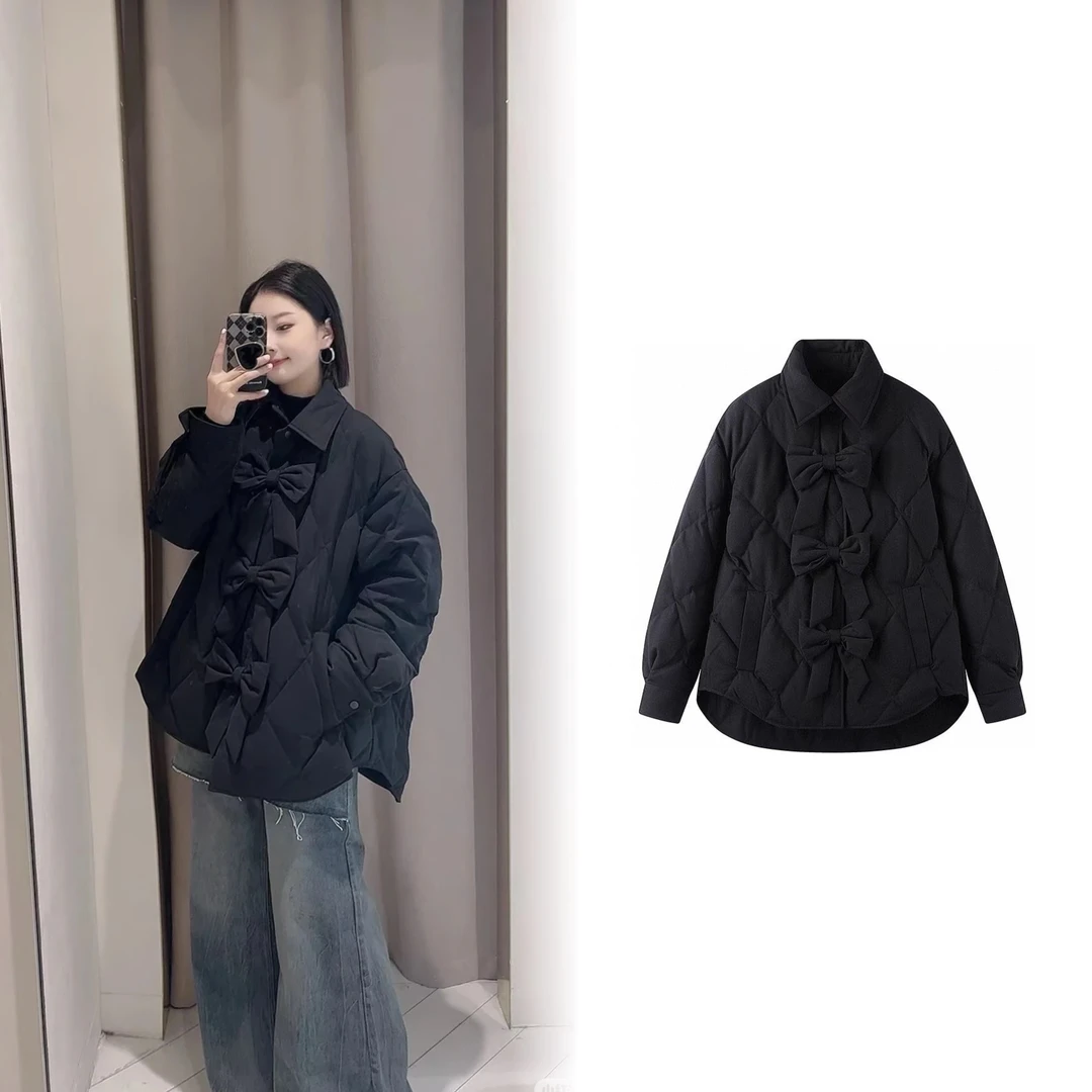 【1101】黑色蝴蝶结宽松阔版显瘦时尚设计感羽绒服女
