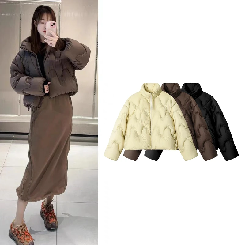 【波朗尼】24冬季波浪纹立领短款时尚加厚白鸭绒泡芙羽绒服外套女