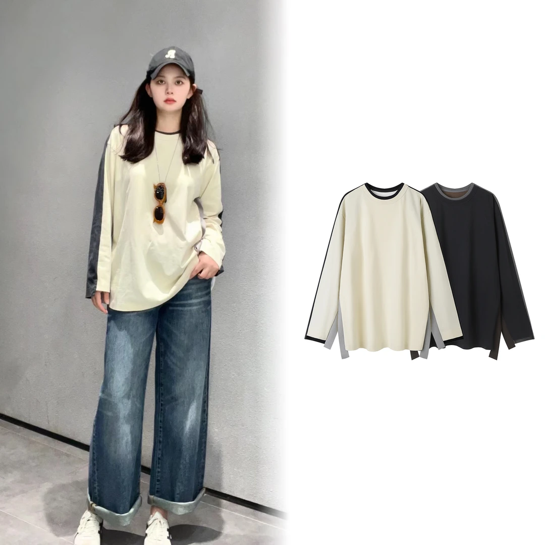 【0115】2025春装新款设计师款撞色拼接不规则宽松洋气长袖T恤女