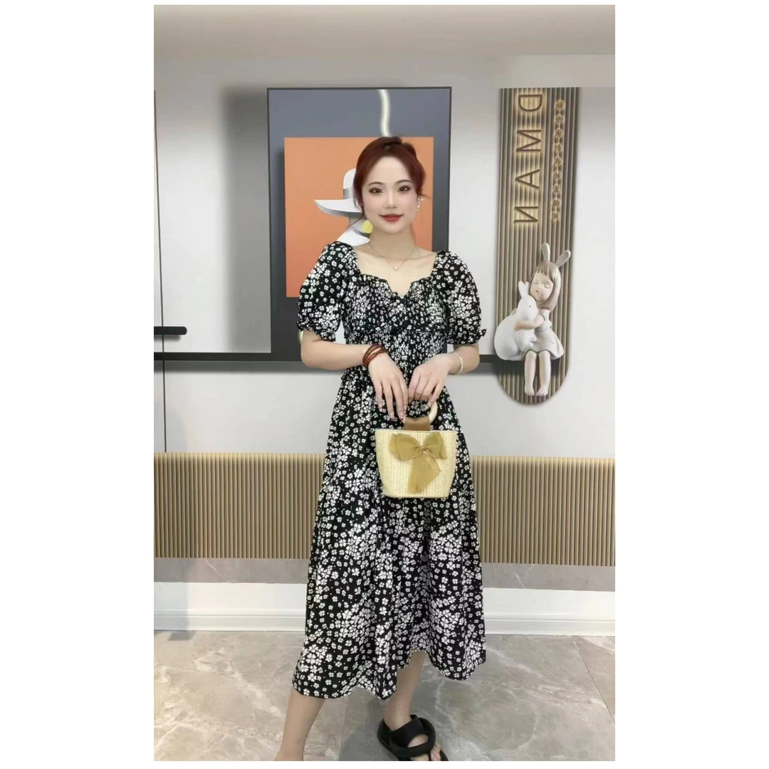 名媛气质女连衣裙夏开叉长款碎花时尚泡泡袖蕾丝轻奢法式收腰休闲