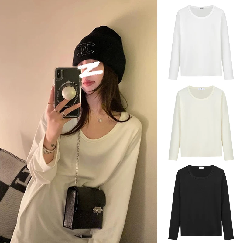 Moses Queen/魔西女王慵懒风白色长袖T恤女德绒宽松打底衫上衣服