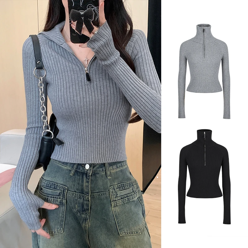 Moses Queen/魔西女王辣妹坑条半开领针织衫女设计感指套上衣毛衣