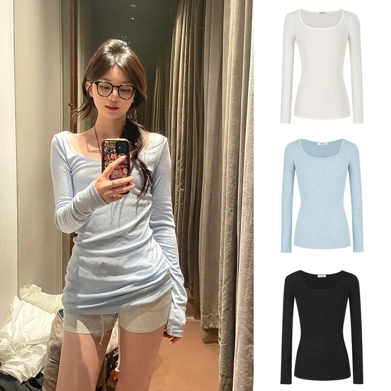 Moses Queen/魔西女王蓝色纯欲方领长袖t恤女修身U领薄款打底上衣