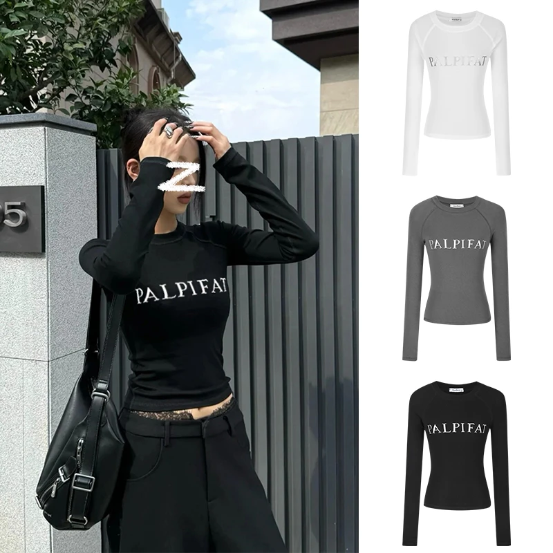 Moses Queen/魔西女王烫银印花长袖t恤女春季修身短款运动打底衫