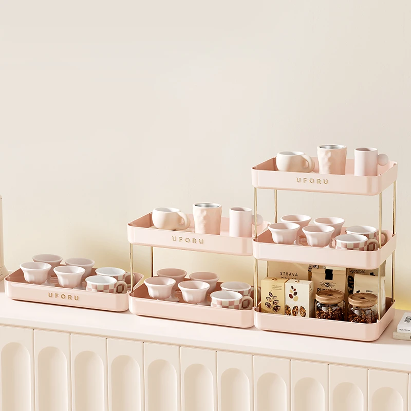 橱明星家用多功能双层杯架高级冰莓粉桌面轻奢加高沥水置物架童话