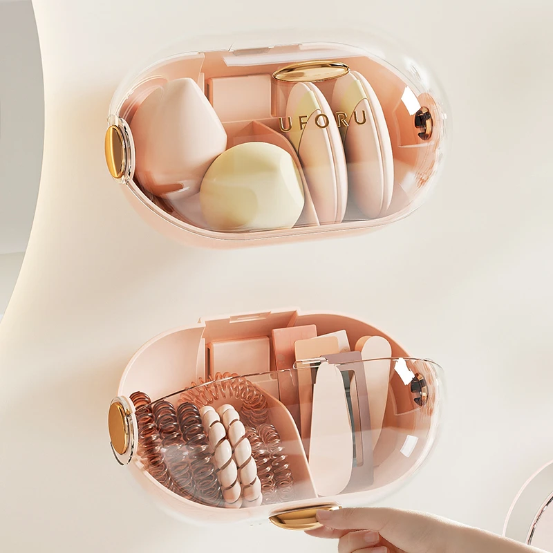 橱明星壁挂粉扑收纳盒家用免打孔多功能头绳发饰分格防尘整理盒