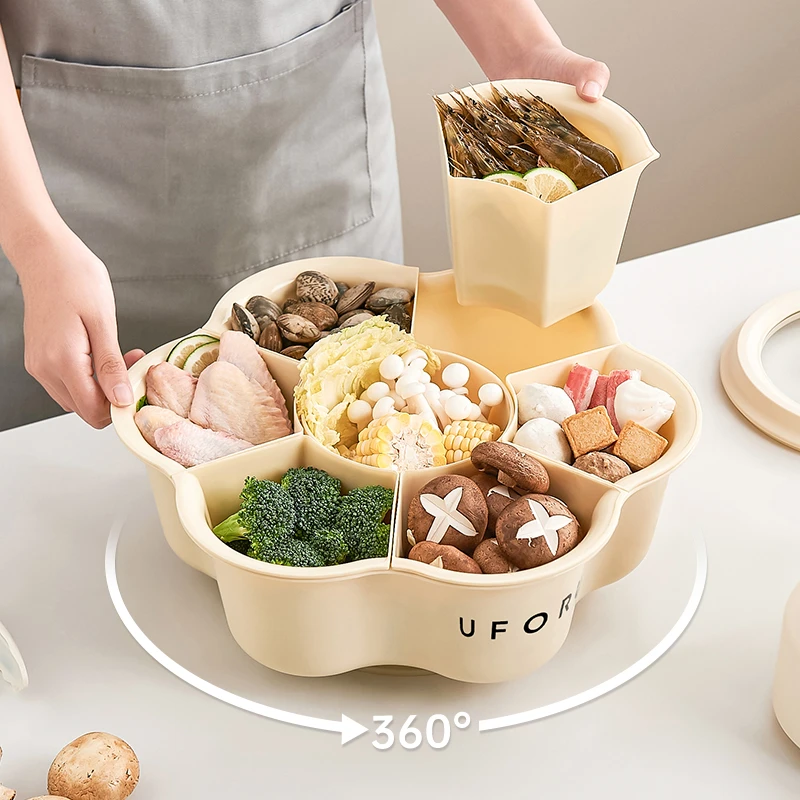 橱明星旋转火锅沥水篮家用厨房多功能七格火锅备菜盘加厚创意双层