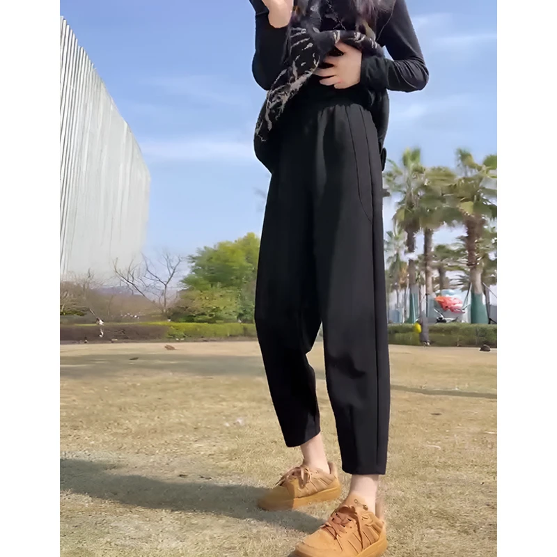 黑色梨形身材九分镰刀裤夏季薄款高腰显瘦休闲裤女宽松萝卜哈伦裤