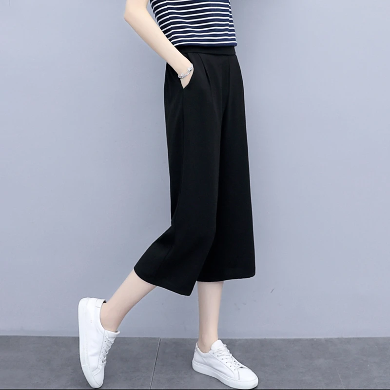 冰丝阔腿裤女七分高腰显瘦垂感2025新款夏季薄款宽松直筒九分裤子