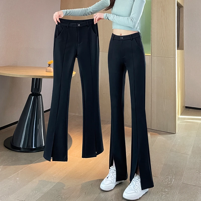 黑色前开叉喇叭裤女2025夏季薄款垂感西装女裤显瘦黑色休闲微喇裤
