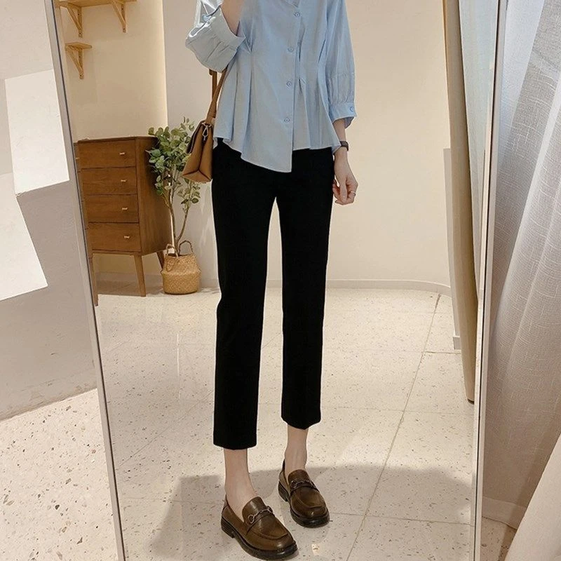 黑色开叉西装裤子女春季新款垂感九分裤休闲直筒显瘦高腰烟管长裤