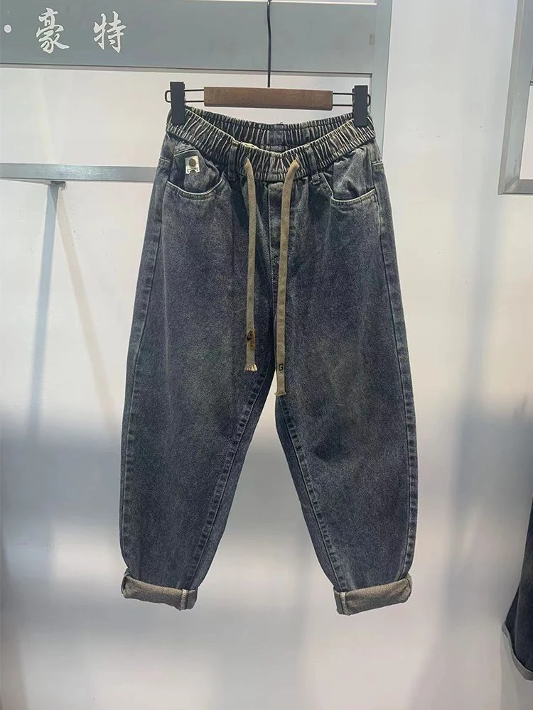 大码2-300斤水洗做旧牛仔裤男美式复古西部风抽绳宽松抽绳束脚裤