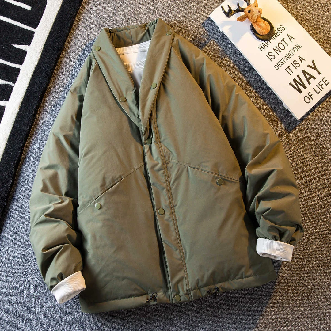 男装潮牌山系户外复古工装羽绒服男冬季加厚宽松V领西装保暖外套