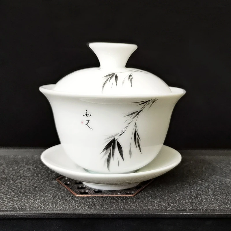 功夫茶具套装配件盖碗 白瓷泡茶沏茶碗小容量陶瓷三才碗茶备敬茶