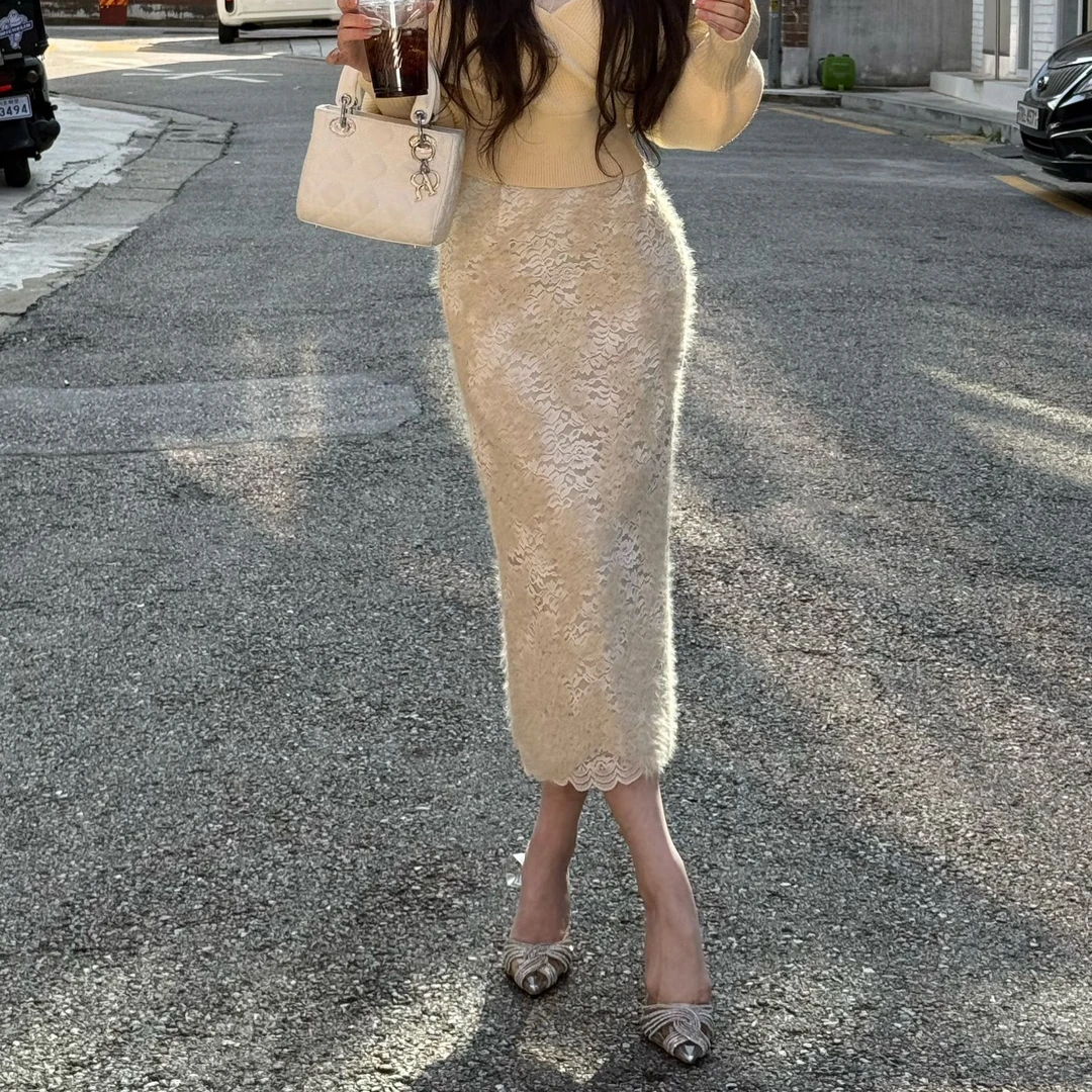 粉红Pink 【羊羊One】百搭显瘦绒毛感蕾丝边半身裙 LWJ24D4Q2367