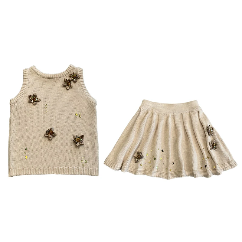 粉红pink 高端无袖手工珠花针织背心气质百褶半身裙LWJ24C3TZ2106