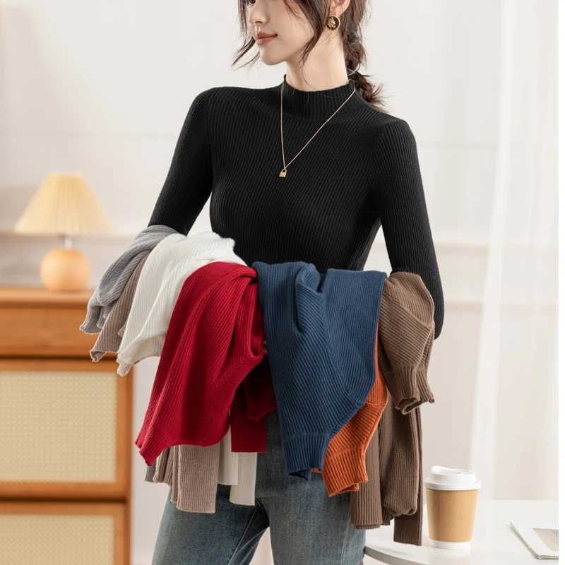 秋冬新款长袖针织衫半高领大码套头毛衣女打底衫上衣百搭修身内搭