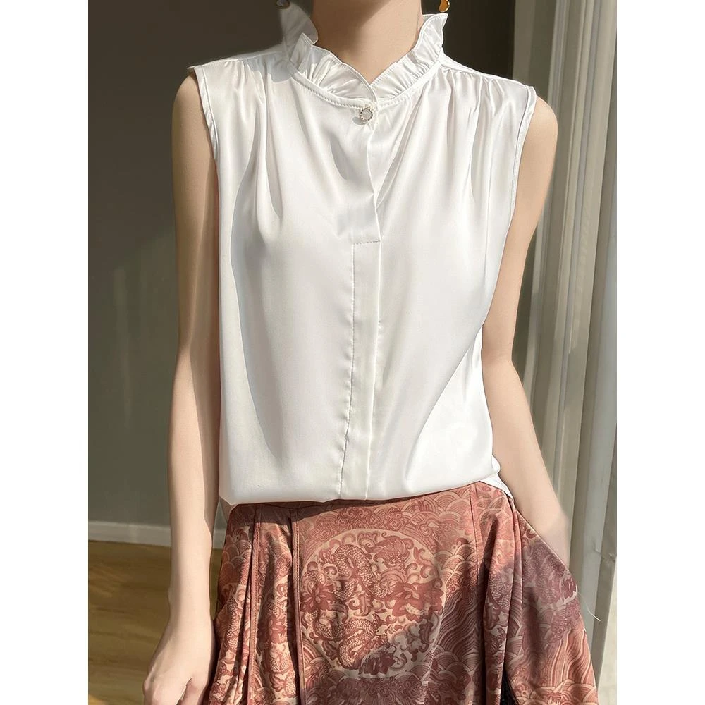 花边领百搭无袖纯色一扣背心丝滑通勤显瘦春夏薄款气质衬衫女