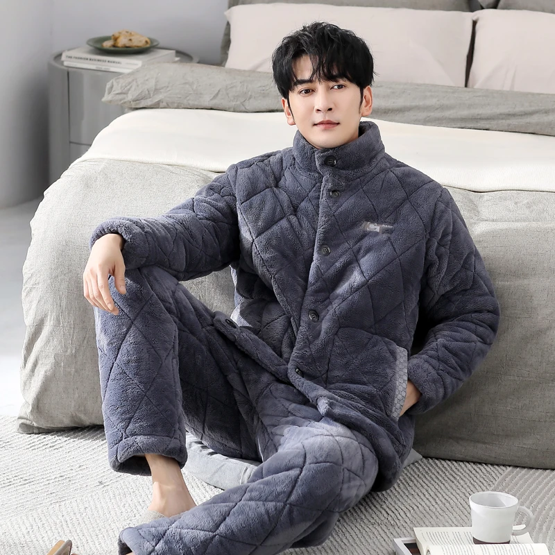 男士睡衣冬季珊瑚绒三层加厚夹棉加绒秋冬款青年法兰可外穿家居服
