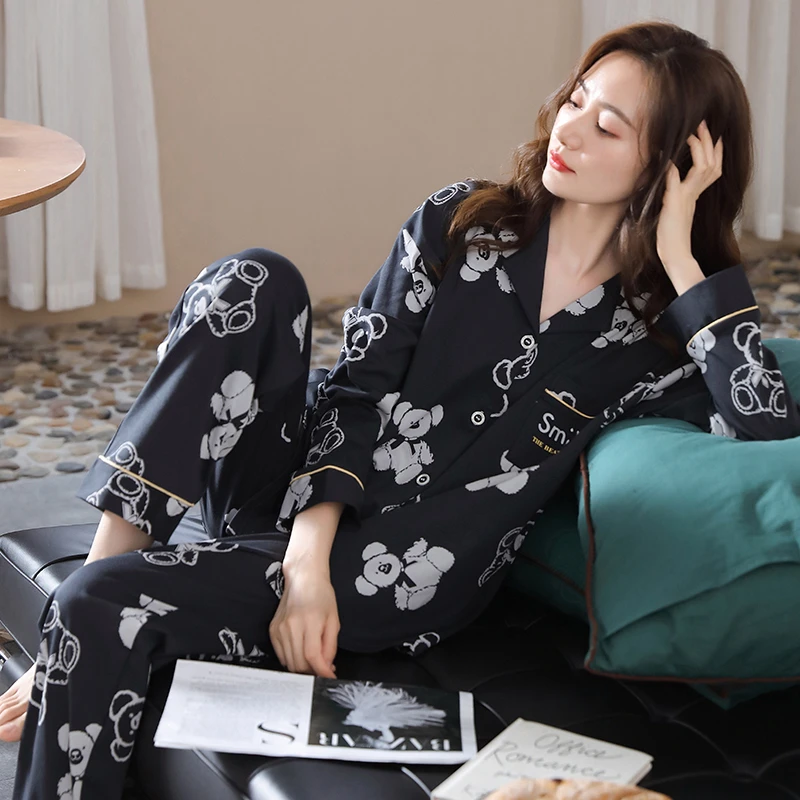 睡衣女春秋款长袖Q棉2023年秋季新款双面棉质卡通家居服开衫套装