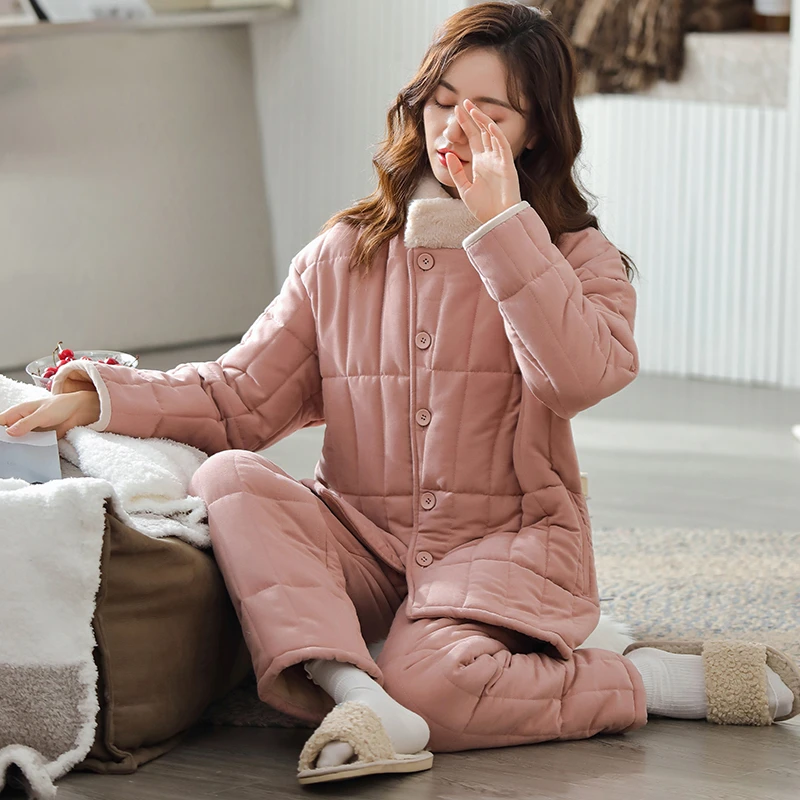 睡衣女冬季加厚珊瑚绒三层夹棉袄冬天保暖秋冬款法兰绒家居服套装