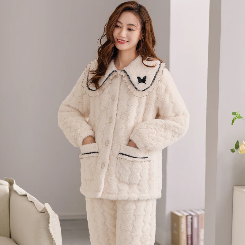 睡衣女秋冬季三层加厚夹棉袄珊瑚绒加绒保暖法兰绒冬天家居服套装