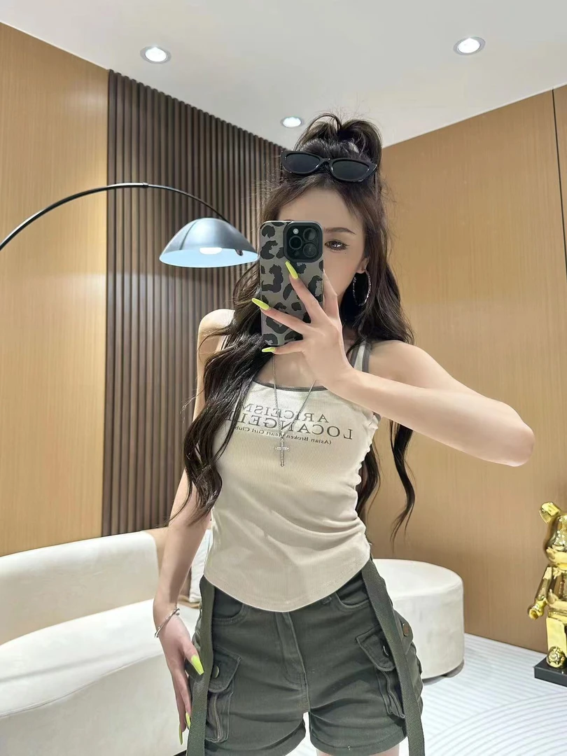 DA363带胸垫美式辣妹字母印花吊带背心女修身短款上衣莫奈花园风