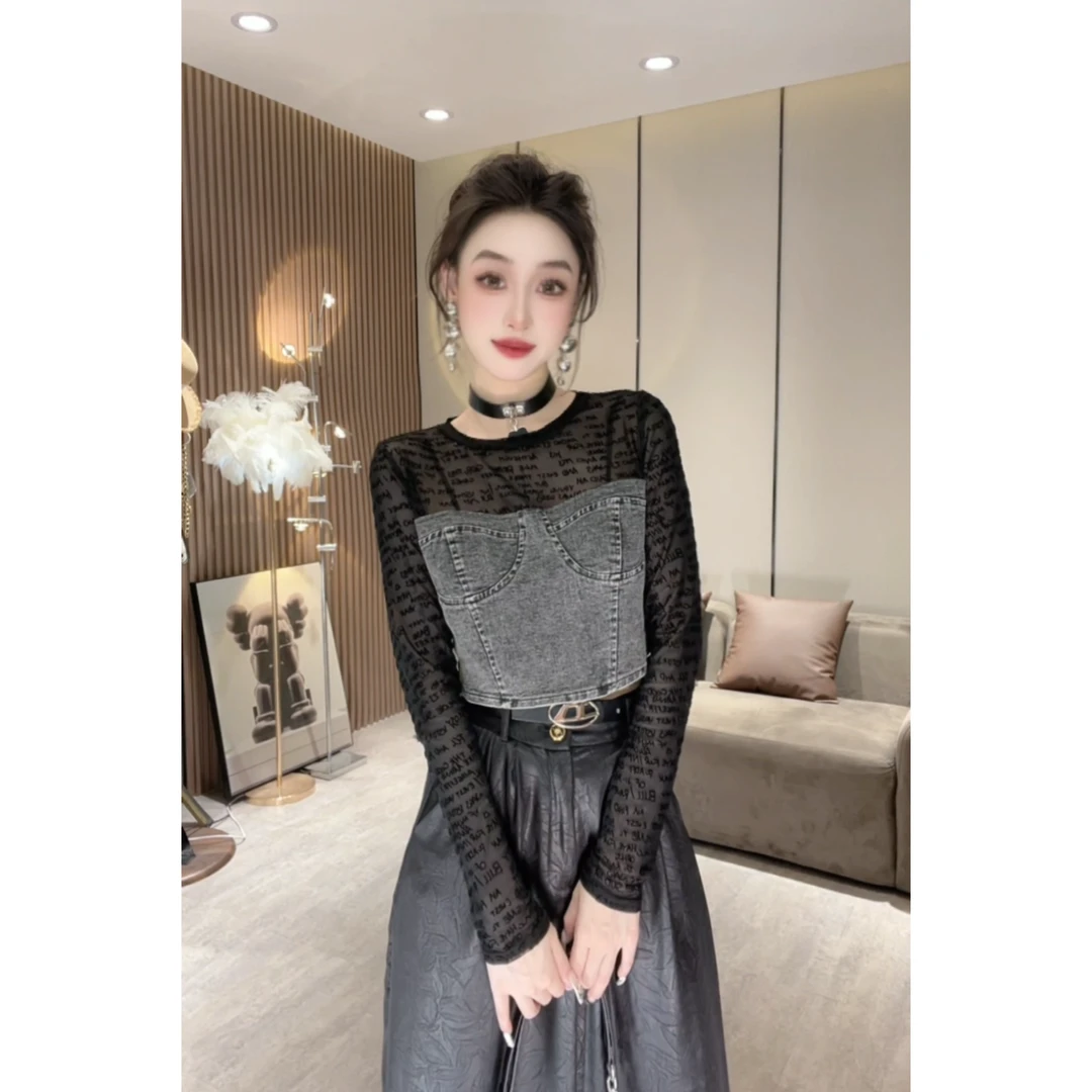 XQ2623【T恤】美式复古字母网纱拼接牛仔正肩长袖T恤辣妹修身上衣女