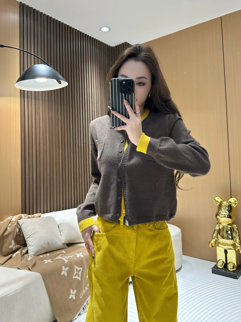 DA92296【假两件咖+黄】秋季新款显瘦长袖时尚洋气毛针织上衣外套
