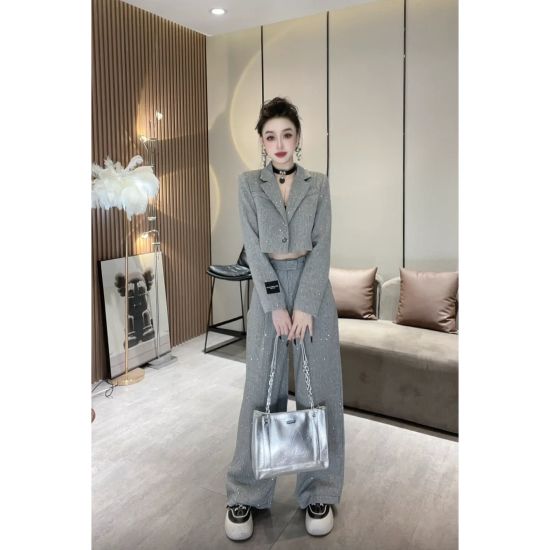 XQ9015【小香风套装】满钻设计感套装烫钻短款外套+阔腿裤两件套女