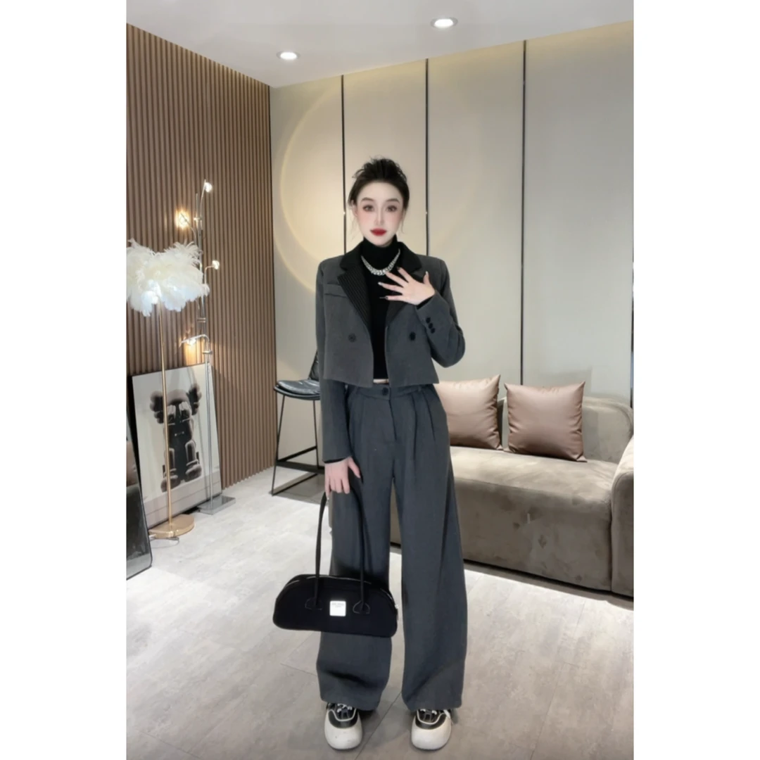 XQ8299【呢子套装】法式冬季条纹翻领双排扣呢子时尚气质显瘦套装