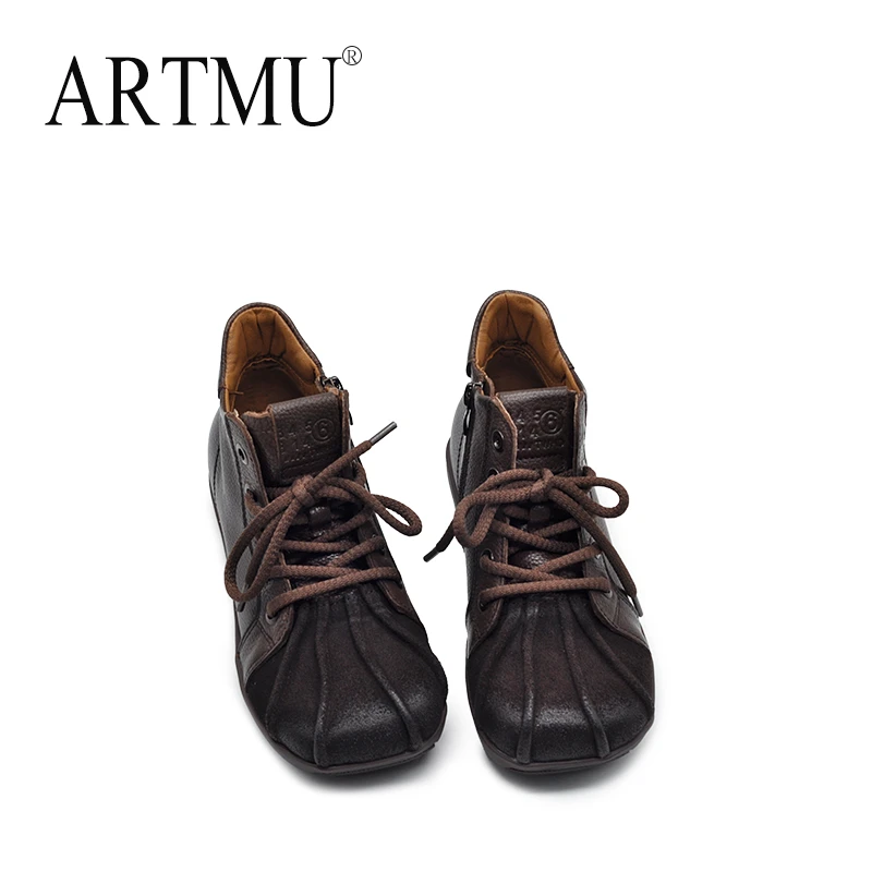 Artmu阿木复古手工鞋平底短靴女马丁靴棕色靴子做旧妈妈鞋8613